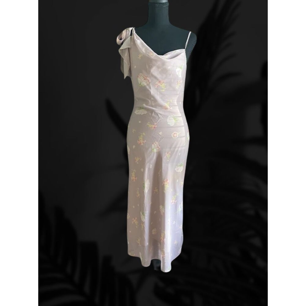 Zhang Mi Tang Pink Pastel Floral Jacquard Satin Cowl Neck Maxi Dress Small